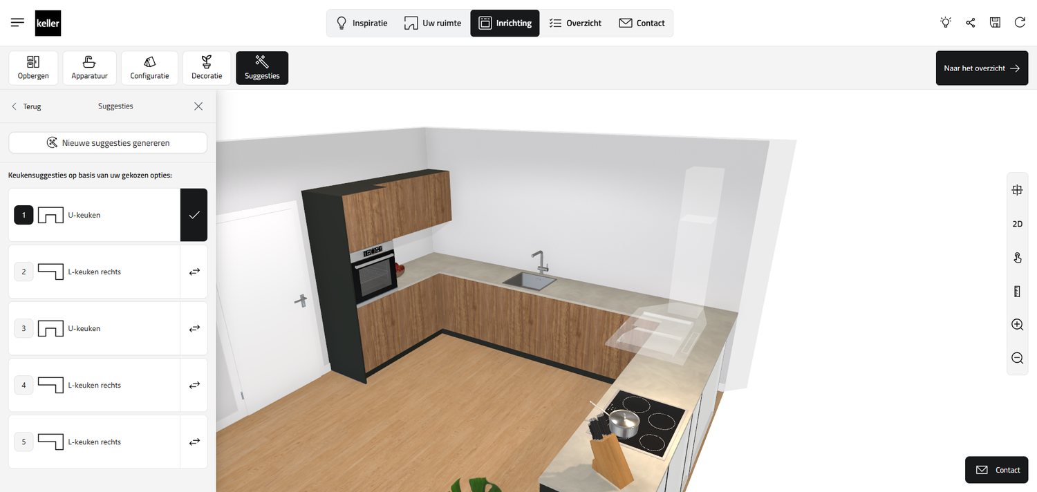 Keukenontwerp in realistisch 3D met automatische indelingssuggesties in de planner