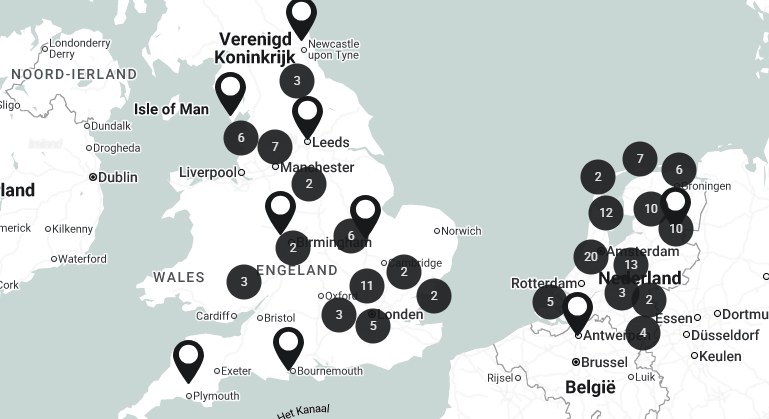 Kaart met Keller-dealers in Nederland, België en het Verenigd Koninkrijk